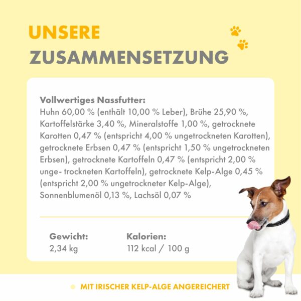 Auflistung über die Zusammensetzung des Huhn Adult Nassfutters und Angaben zu Gewicht und Kalorien des Inhalts.