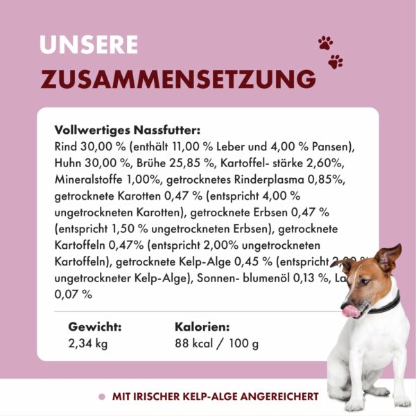 Auflistung über die Zusammensetzung des Rind Nassfutters und Angaben zu Gewicht und Kalorien des Inhalts.