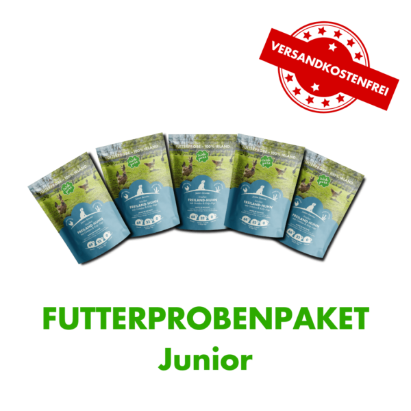 Junior Futterprobenpaket mit 5 Proben. Lieferung für diese ist versandkostenfrei.