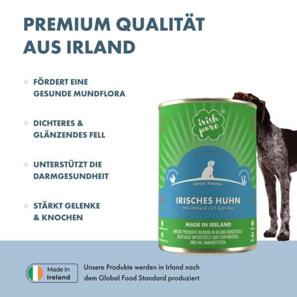 Verschiedene Vorteile vom Junior NF werden präsentiert. Rechts schnuppert ein Hund an einer Junior NF Dose. Links werden Vorteile aufgeführt: es fördert die gesunde Mundflora, dichteres & glänzendes Fell, unterstützt die Darmgesundheit und stärkt die Gelenke & Knochen. Unten sieht man ein "Made in Irland" Logo und den Hinweis, dass alle Irish Pure Produkte in Irland nach dem Global Food Standard produziert werden.