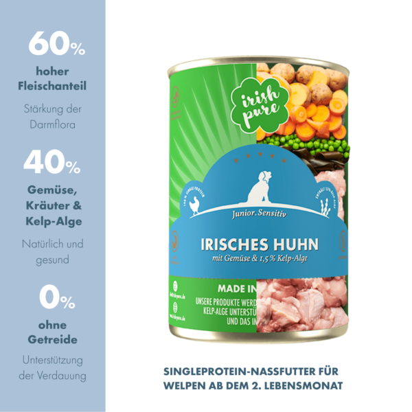 Die Inhaltsstoffe von Junior Nassfutter von Irish Pure werden präsentiert. Auf der linken Seite sind Angaben zum Fleischanteil, Gemüse- und Algenanteil und der Getreidefreiheit aufgelistet. Rechts mittig befindet sich die Dose, die zur Hälfte aus Bildern der enthaltenen Zutaten besteht. Man sieht frische Fleischstücke, Süßkartoffeln und Gemüse.