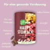 Abbildung einer Happy Stomach Dose. Zur Hälfte besteht die Dose aus Bildern der enthaltenen Zutaten (frische Fleischstücke, Kartoffeln und Banane). Drum herum sind verschiedene Vorteile und Fakten aufgelistet. Größe des Produkts anhand eines Bildes vom Snack dargestellt.
