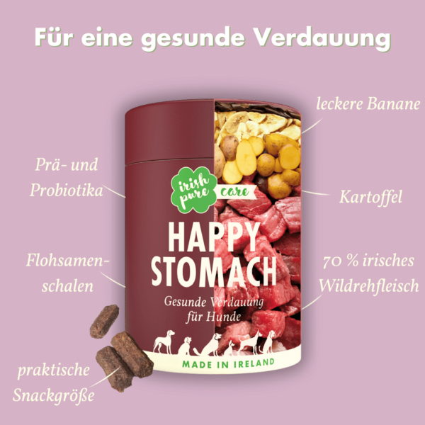 Abbildung einer Happy Stomach Dose. Zur Hälfte besteht die Dose aus Bildern der enthaltenen Zutaten (frische Fleischstücke, Kartoffeln und Banane). Drum herum sind verschiedene Vorteile und Fakten aufgelistet. Größe des Produkts anhand eines Bildes vom Snack dargestellt.