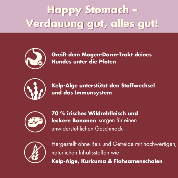 Auflistung von Fakten und Vorteilen des Nahrungsergänzungsmittels Happy Stomach.