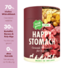 Die Inhaltsstoffe von Happy Stomach von Irish Pure werden präsentiert. Auf der linken Seite sind Angaben zum Fleischanteil, Gemüse- und Algenanteil und der Getreidefreiheit aufgelistet. Rechts mittig befindet sich die Dose, die zur Hälfte aus Bildern der enthaltenen Zutaten besteht. Man sieht frische Fleischstücke, Kartoffeln und Bananenstücke.