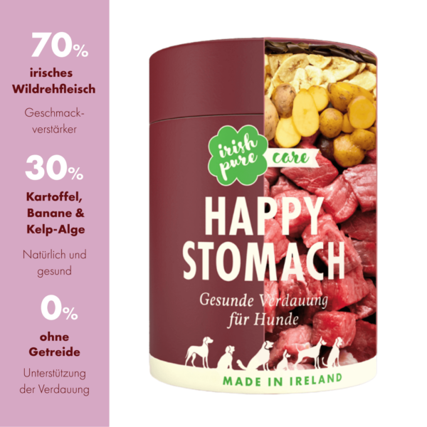 Die Inhaltsstoffe von Happy Stomach von Irish Pure werden präsentiert. Auf der linken Seite sind Angaben zum Fleischanteil, Gemüse- und Algenanteil und der Getreidefreiheit aufgelistet. Rechts mittig befindet sich die Dose, die zur Hälfte aus Bildern der enthaltenen Zutaten besteht. Man sieht frische Fleischstücke, Kartoffeln und Bananenstücke.
