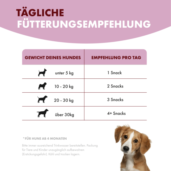 Tages Fütterungsempfehlung für Happy Stomach. Links beginnt eine Auflistung des Gewichts des Hundes ab < 5 kg bis zu übe 30 Kg. Rechts wird ab einer Menge von einem Snack bis zu über 4 Snacks am Tag empfohlen. Es wird darauf hingewiesen, dass es sich um ein Nahrungsergänzungsmittel handelt und erst ab einem Alter von 4 Monaten gefüttert werden sollte. Hinweise für die Bereitstellung von genug Trinkwasser, die Unzugänglichkeit von Kindern und Tieren und für die kühle und trockene Lagerung sind gegeben.