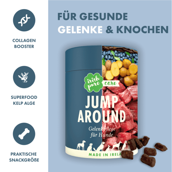 Der Mehrwert von Jump Around von Irish Pure wird präsentiert. Auf der linken Seite sind drei Icons (DNA Zeichen, Alge, Knochen). Es wird anhand der Icons darauf hingewiesen, dass das Jump Around ein Collagen Booster ist, reich an dem Superfood Kelp-Alge ist und eine praktische Snackgröße hat. Rechts mittig befindet sich die Dose, die zur Hälfte aus Bildern der enthaltenen Zutaten besteht. Man sieht frische Fleischstücke, Kartoffeln und Beeren. Auch echte Jump Around Snacks wurden unter der Dose abgebildet.