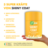 Auf der rechten Seite hält eine Hand eine Dose Shiny Coat von Irish Pure. Links befinden sich Stichpunkte zu 5 Superkräften von Shiny Coat. Es sogt für seidigen Fellglanz, unterstützt Haut- und Fellgesundheit, unterstützt Immunsystem und Stoffwechsel und ist leckere & natürliche Energiequelle. Unten befindet sich ein "Made in Irland" Logo und den Hinweis, dass alle Irish Pure Produkte in Irland nach dem Global Food Standard produziert werden.