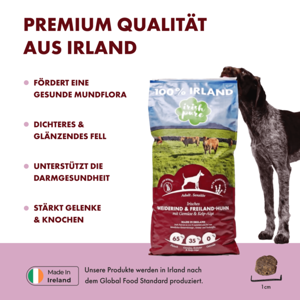 Verschiedene Vorteile vom Rind TF werden präsentiert. Rechts schnuppert ein Hund an einem Rind TF Beutel. Links werden Vorteile aufgeführt: es fördert die gesunde Mundflora, dichteres & glänzendes Fell, unterstützt die Darmgesundheit und stärkt die Gelenke & Knochen. Unten sieht man ein "Made in Irland" Logo und den Hinweis, dass alle Irish Pure Produkte in Irland nach dem Global Food Standard produziert werden. Die Krokettengröße von einem cm, ist mit einem entsprechenden Maßstab abgebildet.