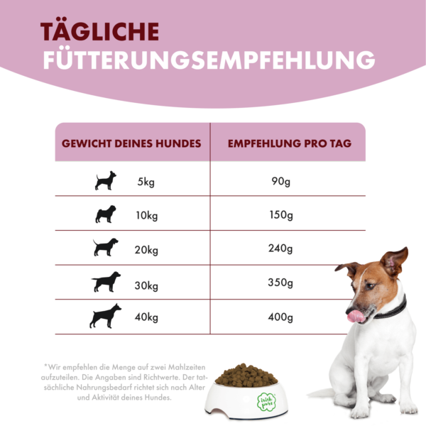 Fütterungsempfehlung für das TF Rind. Es ist eine Tabelle mit zwei Spalten - links das Gewicht des Hundes und rechts die empfohlene Trockenfuttermenge pro Tag. Die liste beginnt mit Hunden ab 5 Kg und geht bis 40 Kg und empfohlen wird ab 90 g bis 400 g Futter pro Tag. Man sieht einen Hund, der neben einem vollen Irish Pure TF Napf steht und sich das Maul leckt.