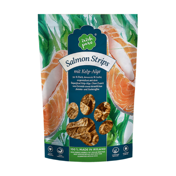 Frontales Bild einer Packung Salmon Strips von Irish Pure.