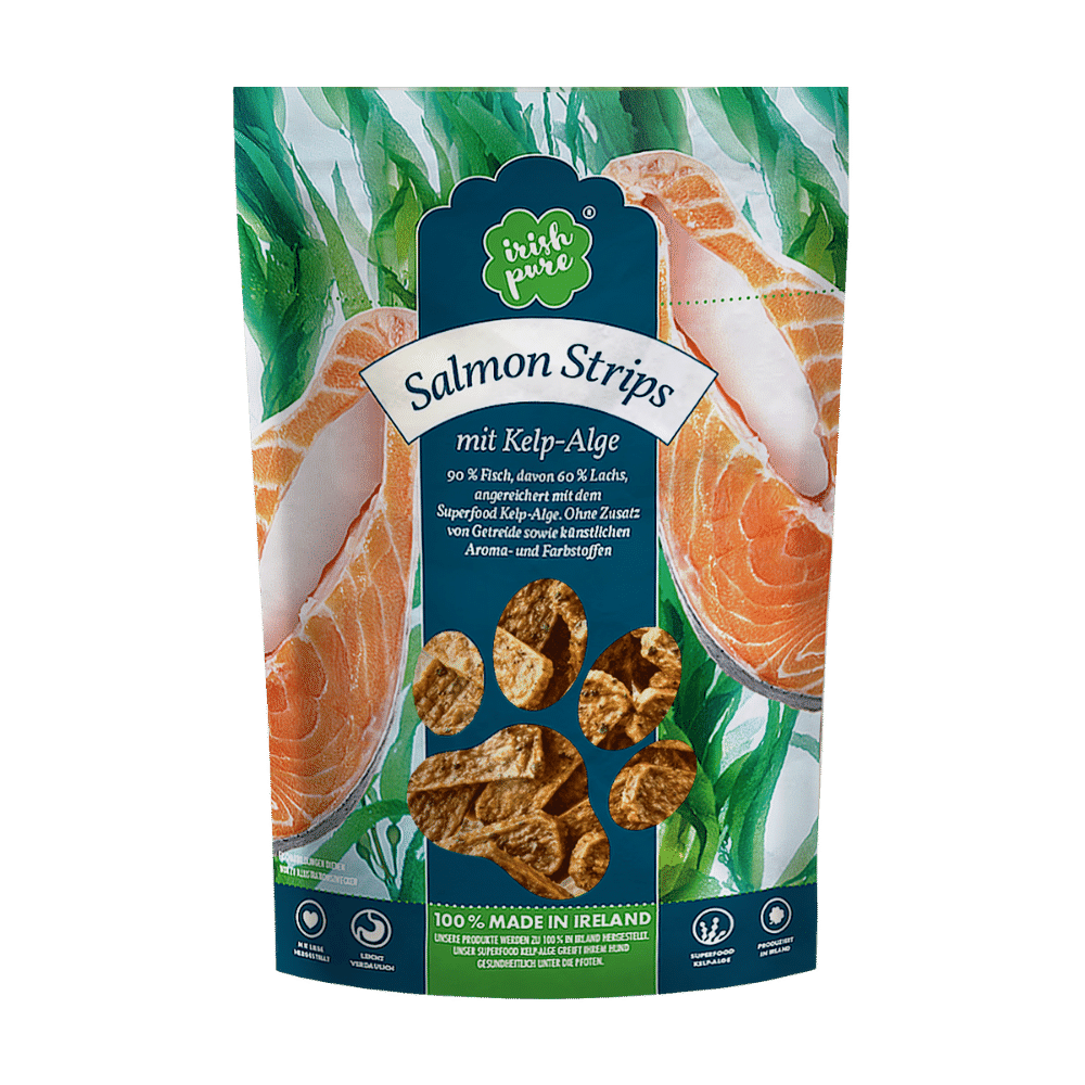 Frontales Bild einer Packung Salmon Strips von Irish Pure.
