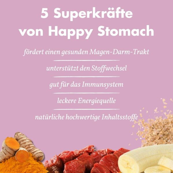 Auflistung von 5 Superkräften von Happy Stomach von Irish Pure - Förderung gesunden Magen-Darm-Trakts, Unterstützung des Stoffwechsels, gut für das Immunsystem, leckere Energiequelle und natürliche & hochwertige Inhaltsstoffe. Unten ist Veranschaulichung mit Bildern von Kurkuma, Bildern von saftigen Fleischstücken, Banane und einem groben Pulver.