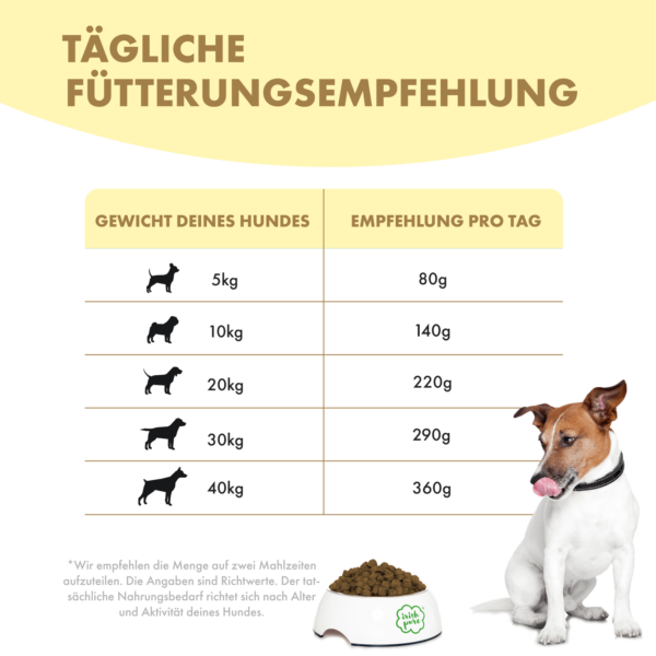 Fütterungsempfehlung für das TF Huhn Senior. Es ist eine Tabelle mit zwei Spalten - links das Gewicht des Hundes und rechts die entsprechend empfohlene Trockenfuttermenge pro Tag. Die Liste beginnt mit Hunden ab 5 Kg und geht bis 40 Kg und empfohlen wird ab 80 g bis 360 g Futter pro Tag. Man sieht einen Hund, der neben einem vollen Irish Pure TF Napf steht und sich das Maul leckt.