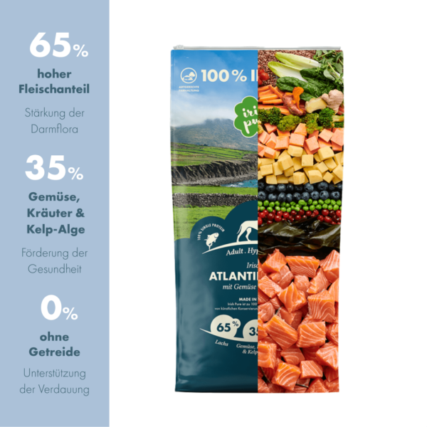 Abbildung vom Lachs TF Beutel, mit Veranschaulichung der Zutaten durch Bilder wie bsp. frischen Lachs Stücken, Algen, Beeren, Gemüse, etc. Links eine kurze Erläuterung über hohen Fleischanteil, den Gemüse, Kräuter und Kelp-Alge Anteil und der Hinweis auf 0 % Getreide.