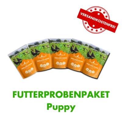 Abbildung eines Probepakets mit 5 x Puppy Trockenfutterproben. Diese können versandkostenfrei erworben werden.