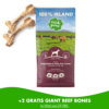 Neben einem Rind Trockenfutterbeutel befinden sich zwei Giant Beef Bone Knochen. Bei dem Kauf eines Beutels erhält man laut Untertitel zwei Knochen im Wert von 29,98 € gratis dazu.