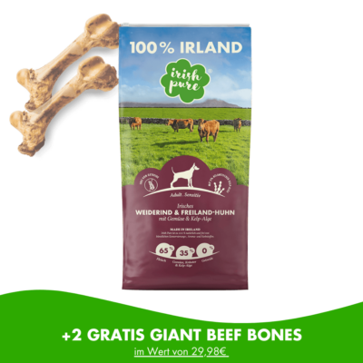 Neben einem Rind Trockenfutterbeutel befinden sich zwei Giant Beef Bone Knochen. Bei dem Kauf eines Beutels erhält man laut Untertitel zwei Knochen im Wert von 29,98 € gratis dazu.
