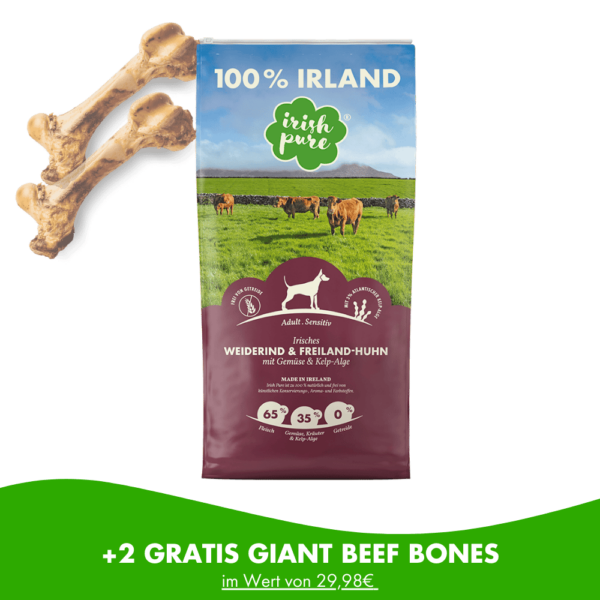Neben einem Rind Trockenfutterbeutel befinden sich zwei Giant Beef Bone Knochen. Bei dem Kauf eines Beutels erhält man laut Untertitel zwei Knochen im Wert von 29,98 € gratis dazu.