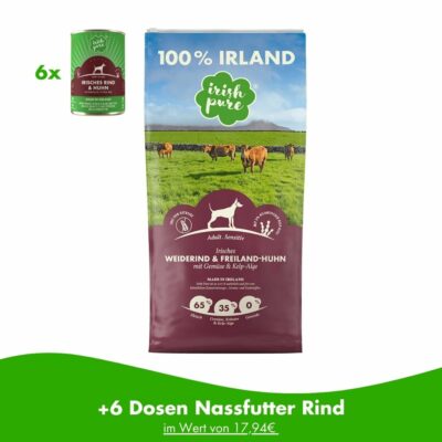 Neben einem Rind Trockenfutterbeutel befindet sich eine Dose des Rind Nassfutters x 6.. Bei dem Kauf eines Beutels erhält man laut Untertitel sechs Dosen Rind Nassfutter im Wert von 17,94 € gratis dazu.