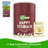 Neben einer Happy Stomach Dose befindet sich ein Rind Trockenfutterbeutel. Happy Stomach von Irish Pure wurde von "DOGORAMA" mit 4,7 von 5 Pfoten als "sehr gut" bezeichnet. Bei dem Kauf einer Happy Stomach Dose erhält man laut Untertitel einen 1,5 Kg Rind Beutel im Wert von 16,99 € gratis dazu.