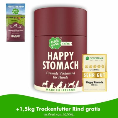 Neben einer Happy Stomach Dose befindet sich ein Rind Trockenfutterbeutel. Happy Stomach von Irish Pure wurde von "DOGORAMA" mit 4,7 von 5 Pfoten als "sehr gut" bezeichnet. Bei dem Kauf einer Happy Stomach Dose erhält man laut Untertitel einen 1,5 Kg Rind Beutel im Wert von 16,99 € gratis dazu.