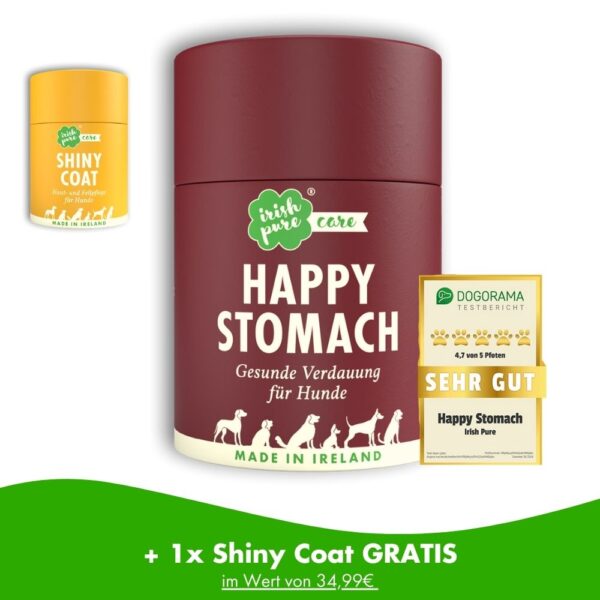 Neben einer Happy Stomach Dose befindet sich eine weitere kleine Dose Shiny Coat. Happy Stomach von Irish Pure wurde von "DOGORAMA" mit 4,7 von 5 Pfoten als "sehr gut" bezeichnet. Bei dem Kauf einer Happy Stomach Dose erhält man laut Untertitel eine Dose Shiny Coat im Wert von 34,99 € gratis dazu.
