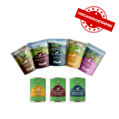 Verschiedene Produkte von Irish Pure sind zu sehen. Darstellung von fünf Futterproben (Sorten: Huhn Adult & Senior, Lachs, Rind mit Huhn und Lamm mit Huhn). Ebenfalls dargestellt sind drei Nassfutterdosen der Sorten Huhn, Rind mit Huhn und Lachs mit Huhn. Dieses Bundle kann ohne Versandkosten bestellt werden.