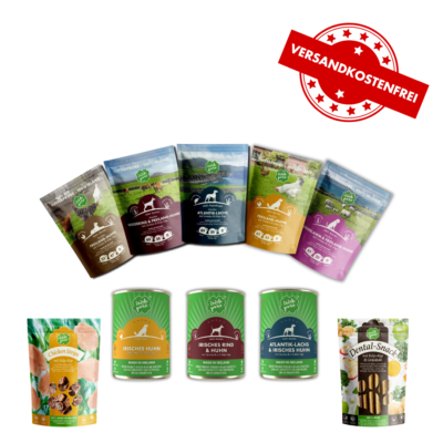 Verschiedene Produkte von Irish Pure sind zu sehen. Darstellung von fünf Futterproben (Sorten: Huhn Adult & Senior, Lachs, Rind mit Huhn und Lamm mit Huhn). Des weiteren sind drei Nassfutterdosen zu sehen (Sorten: Huhn, Rind mit Huhn und Lachs mit Huhn) und zwei Snack Beutel (Chicken Strips und Dental Snack). Dieses Bundle kann ohne Versandkosten bestellt werden.