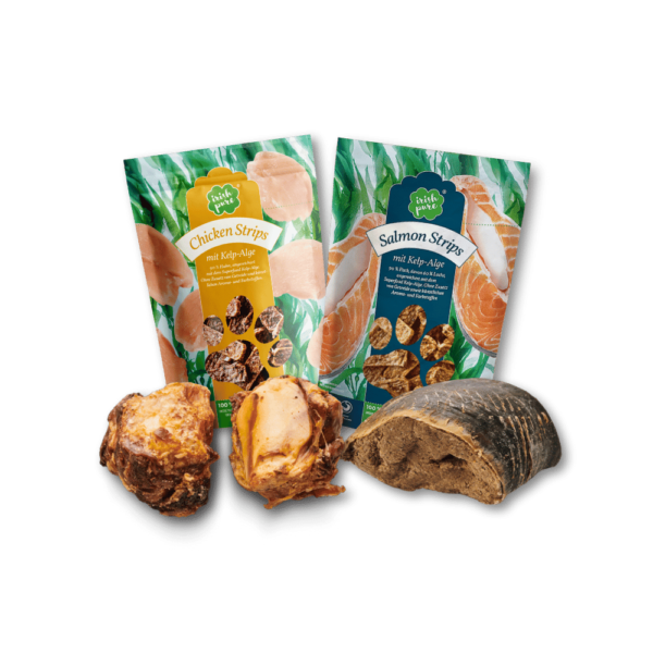 Es werden vier Snacks aus dem Irish Pure Sortiment dargestellt. Ein Beutel Chicken Strips, ein Beutel Salmon Strips, Kniescheiben und ein gefüllter Huf vom Rind.