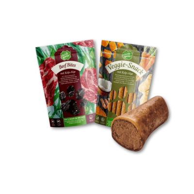 Es werden drei Snacks aus dem Irish Pure Sortiment dargestellt. Ein Beutel Beef Bites, ein Beutel Veggie-Snacks und ein gefüllter Markknochen vom Rind.
