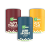 Drei Dosen Nahrungsergänzungsmittel von Irish Pure. Diese dienen jeweils der gesunden Verdauung, der Gelenkpflege und der Haut- und Fellpflege für Hunde.